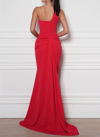 Classy One-Shoulder Sleeveless Elastic Satin Prom Dresses With High Split