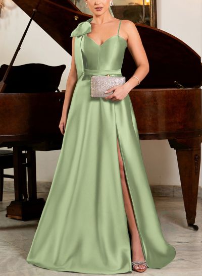 Unique A-Line Bow Accented Straps V-Neck Sleeveless Satin Prom Dresses With High Split