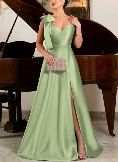 Unique A-Line Bow Accented Straps V-Neck Sleeveless Satin Prom Dresses With High Split