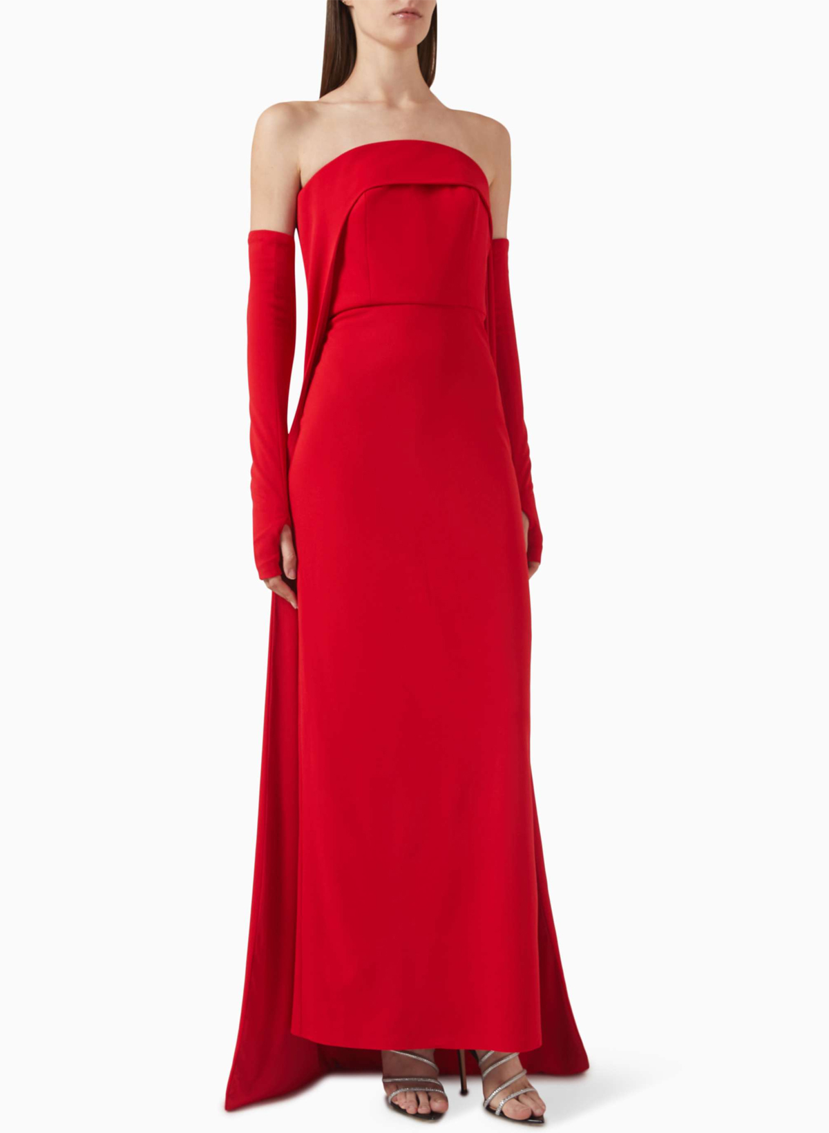 Flattering Straight Across Neckline Detachable Sleeves Elastic Satin Prom Dresses With High Split