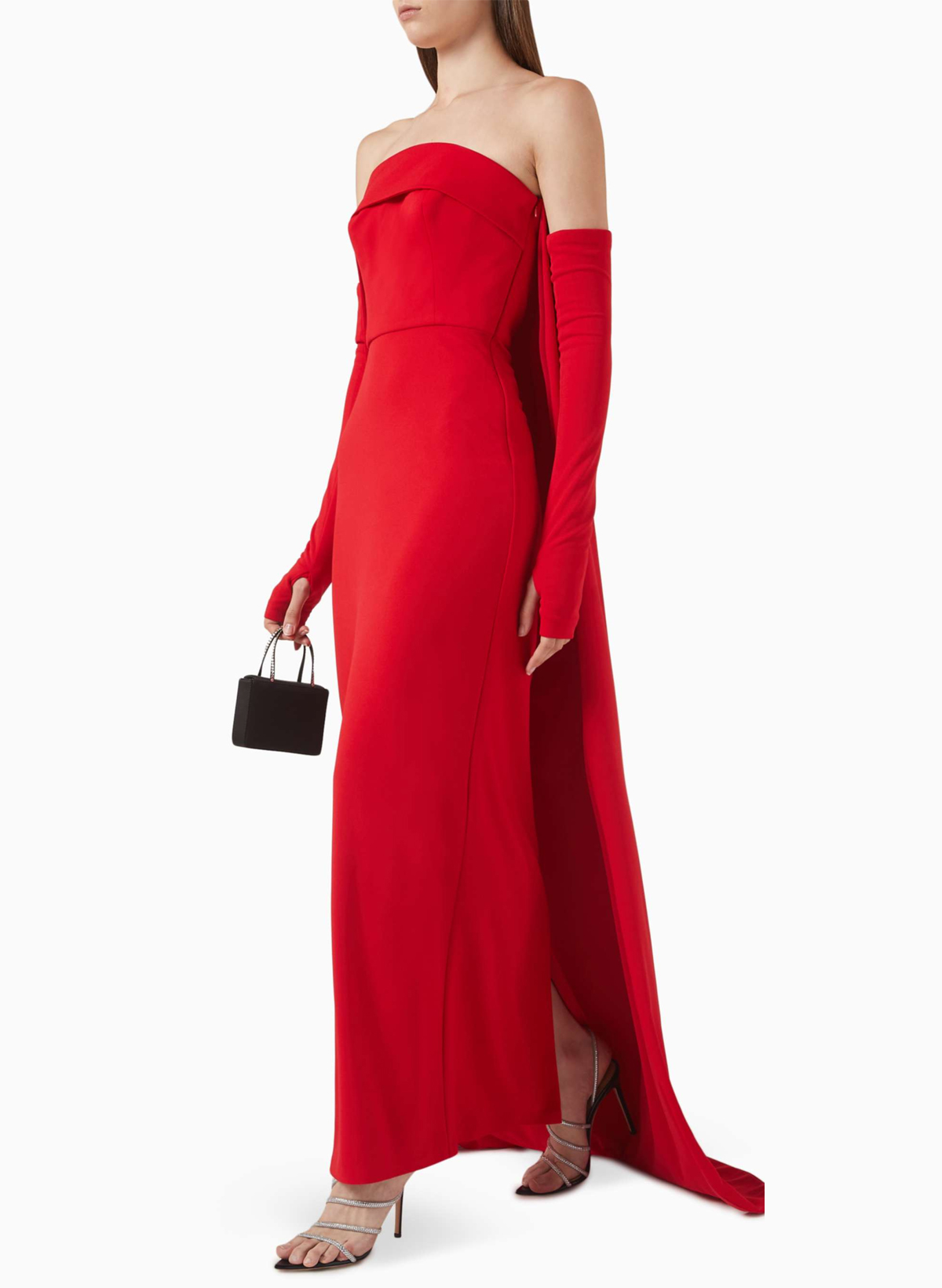 Flattering Straight Across Neckline Detachable Sleeves Elastic Satin Prom Dresses With High Split