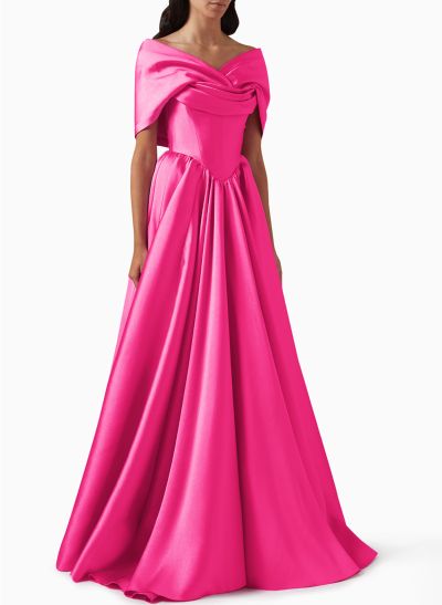 Sweet Wrap Off Shoulder Sleeveless Sweep Train Satin Prom Dresses