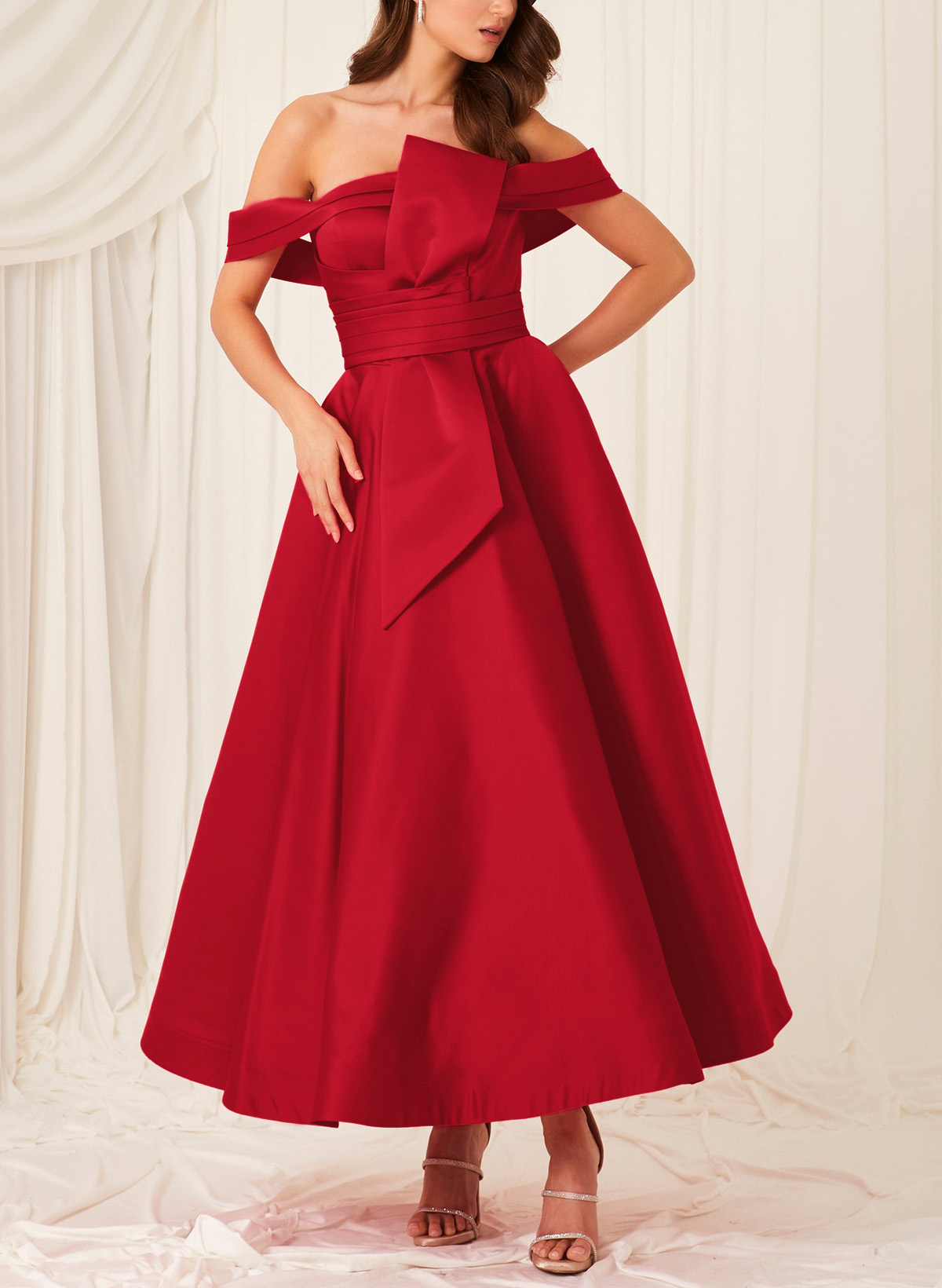 Modest A-Line Off-The-Shoulder Sleeveless Satin Prom Dresses With Ruched Wasit