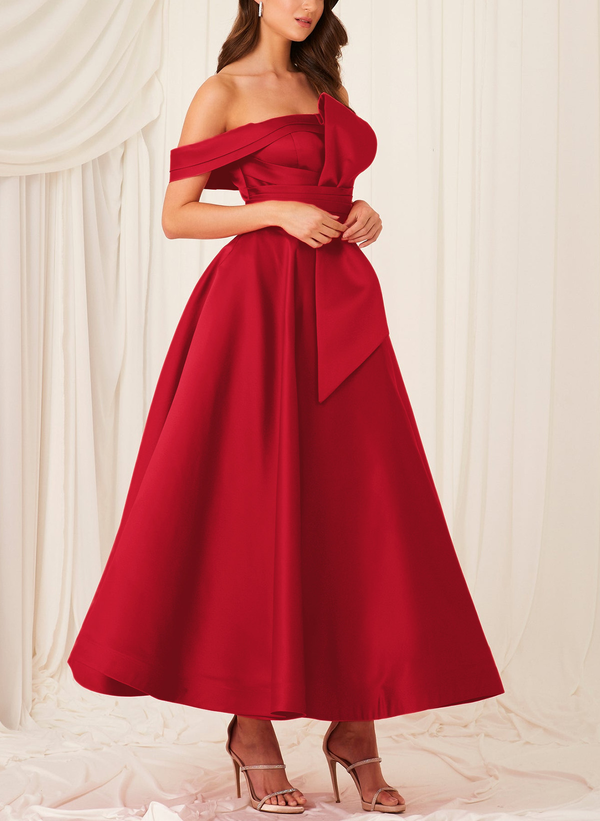 Modest A-Line Off-The-Shoulder Sleeveless Satin Prom Dresses With Ruched Wasit