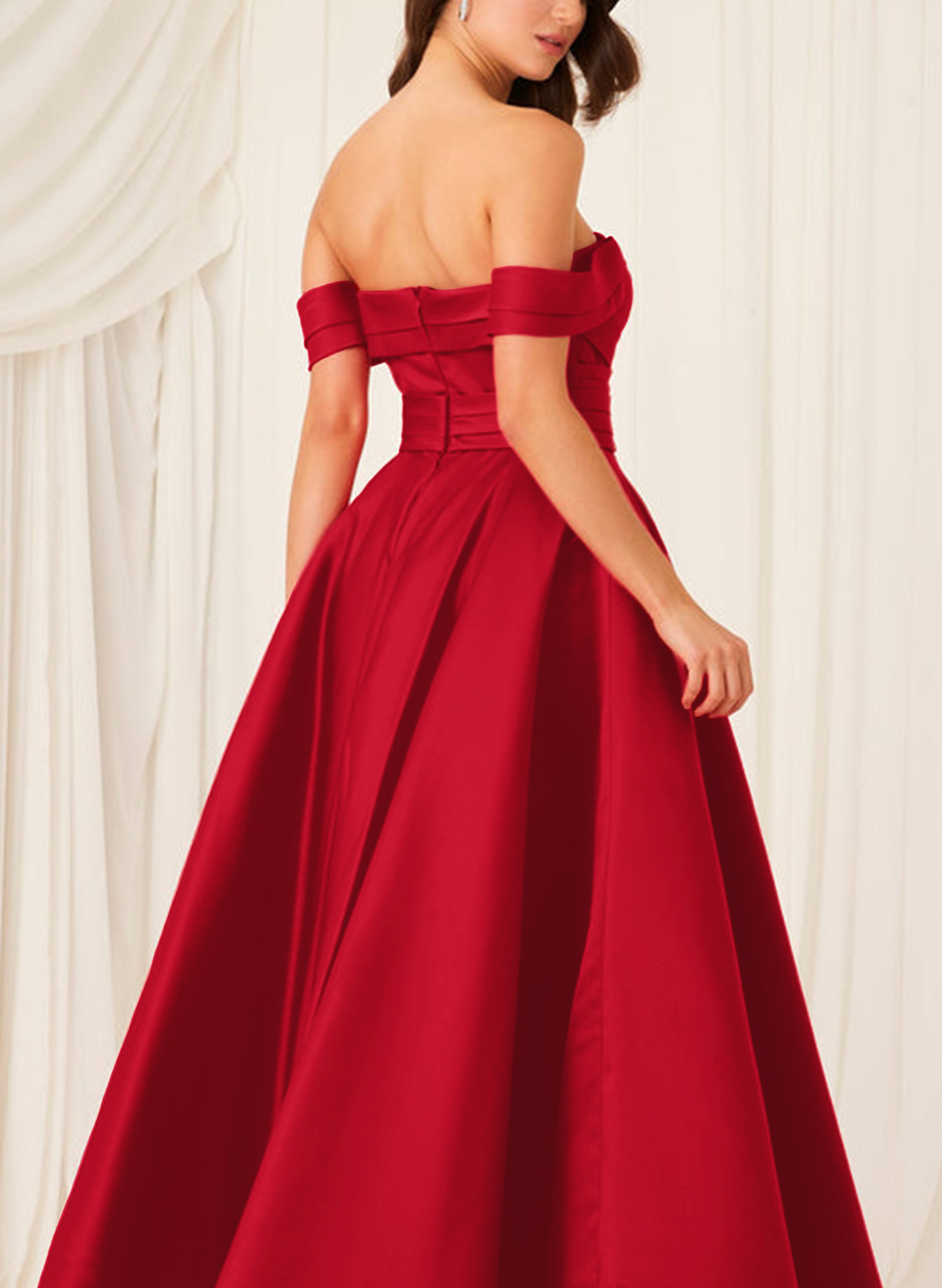 Modest A-Line Off-The-Shoulder Sleeveless Satin Prom Dresses With Ruched Wasit