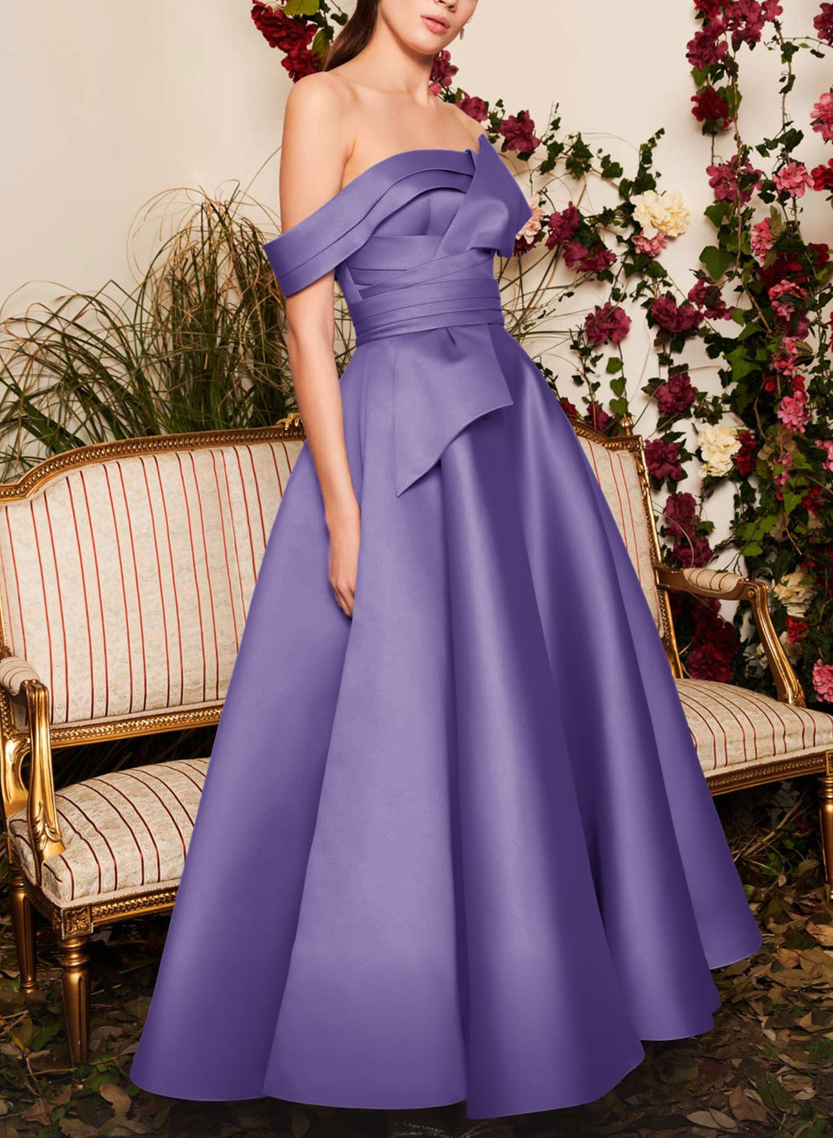 Modest A-Line Off-The-Shoulder Sleeveless Satin Prom Dresses With Ruched Wasit