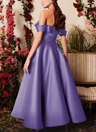 Modest A-Line Off-The-Shoulder Sleeveless Satin Prom Dresses With Ruched Wasit