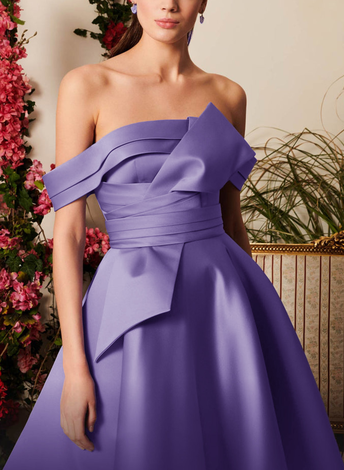 Modest A-Line Off-The-Shoulder Sleeveless Satin Prom Dresses With Ruched Wasit