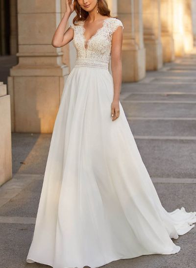 Vintage Boho A-Line Plunge Neck Lace/Chiffon Wedding Dresses With Low Back