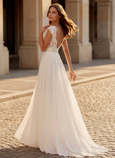Vintage Boho A-Line Plunge Neck Lace/Chiffon Wedding Dresses With Low Back