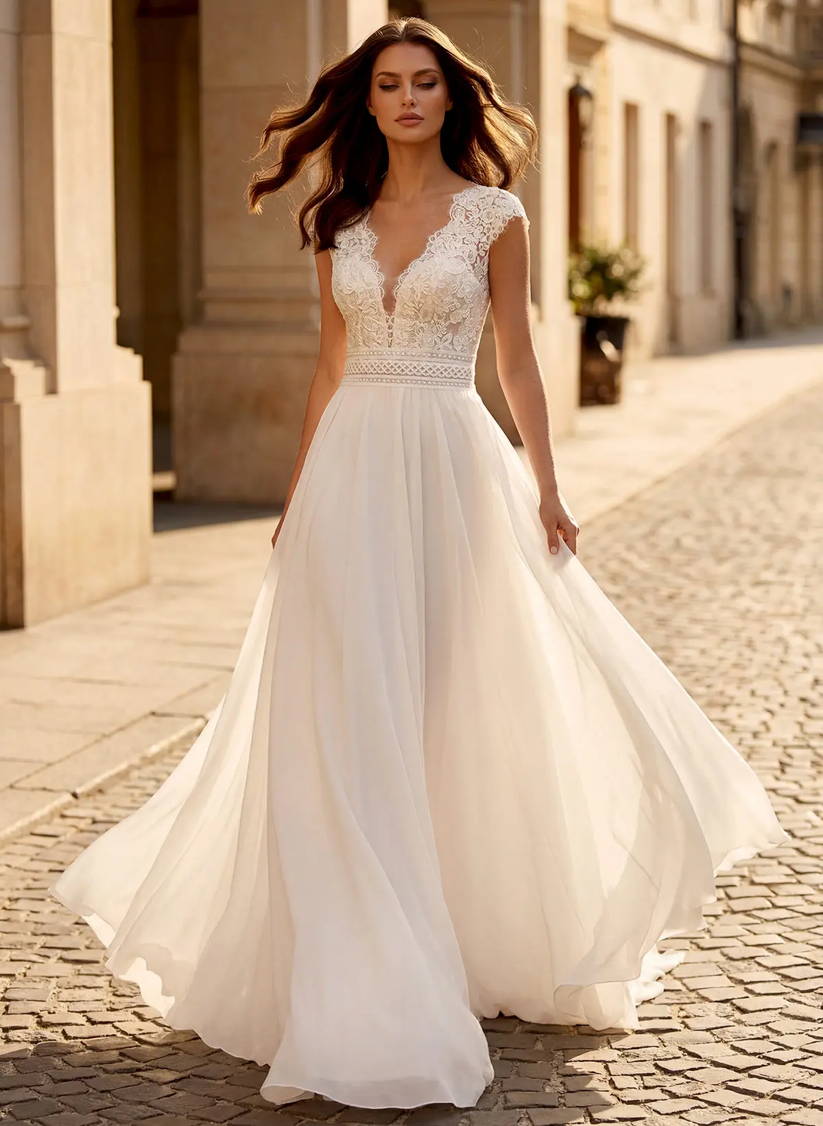 Vintage Boho A-Line Plunge Neck Lace/Chiffon Wedding Dresses With Low Back