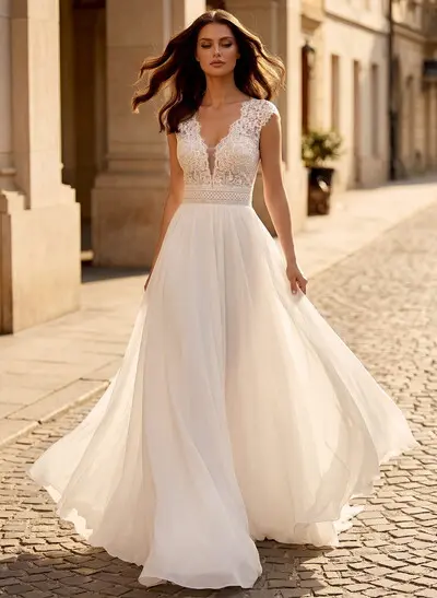 Vintage Boho A-Line Plunge Neck Lace/Chiffon Wedding Dresses With Low Back