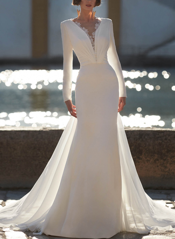 Minimalistic Plunge Neck Long Sleeves Chiffon Wedding Dresses With Overskirt