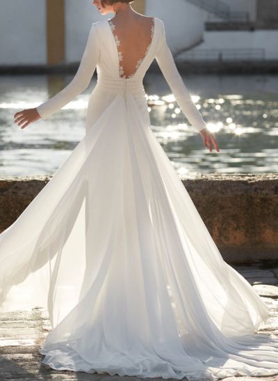 Minimalistic Plunge Neck Long Sleeves Chiffon Wedding Dresses With Overskirt