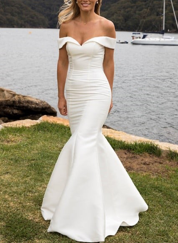 Minimalistic Trumpet Off-The-Shoulder Satin Wedding Dresses With Detachable Skirt