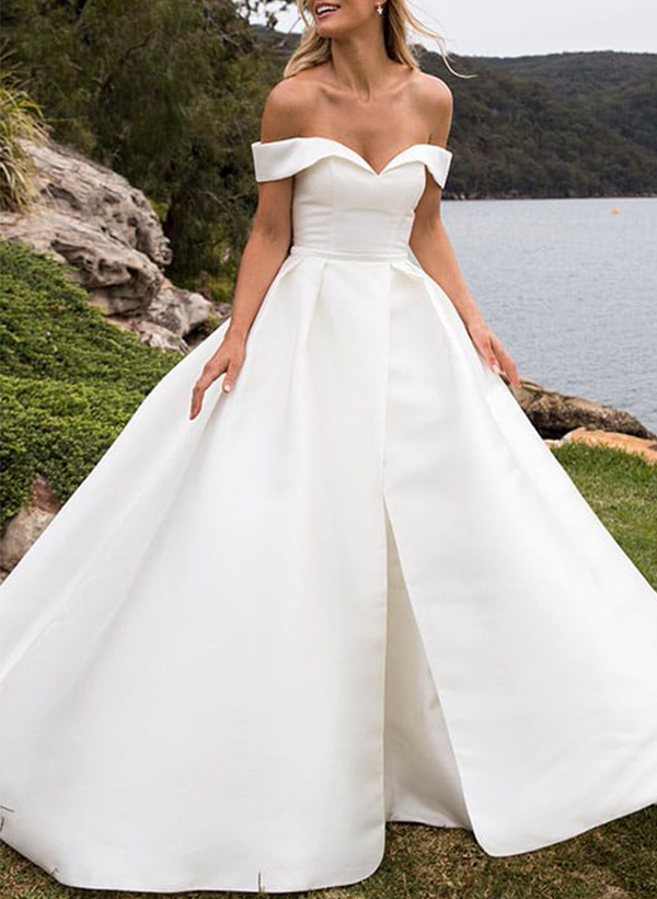 Minimalistic Trumpet Off-The-Shoulder Satin Wedding Dresses With Detachable Skirt