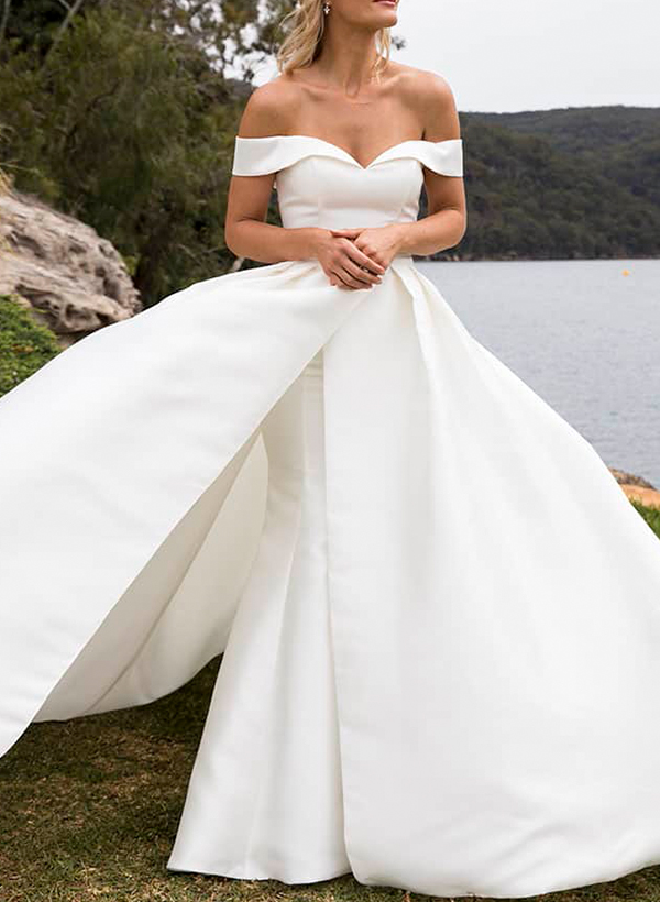 Minimalistic Trumpet Off-The-Shoulder Satin Wedding Dresses With Detachable Skirt