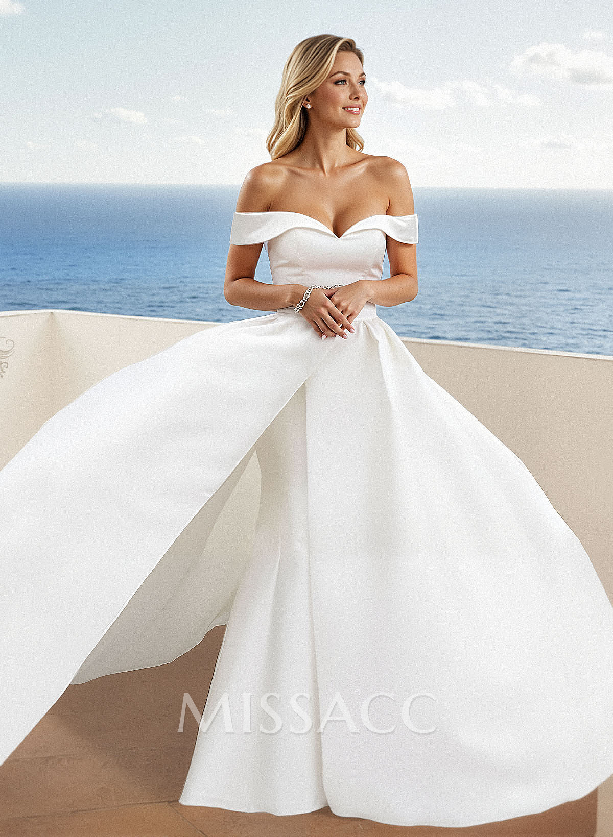 Minimalistic Trumpet Off-The-Shoulder Satin Wedding Dresses With Detachable Skirt