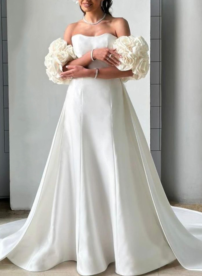 Dreamy A-Line Cowl Neck Chapel Train Satin Wedding Dresses With Flower(s)