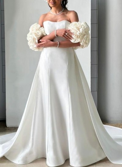 Dreamy A-Line Cowl Neck Chapel Train Satin Wedding Dresses With Flower(s)