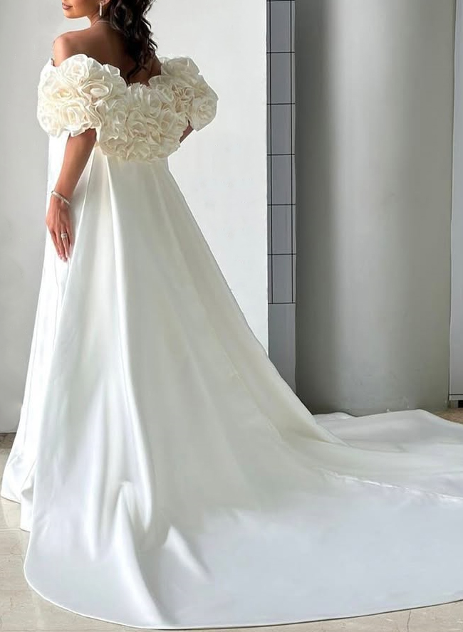 Dreamy A-Line Cowl Neck Chapel Train Satin Wedding Dresses With Flower(s)