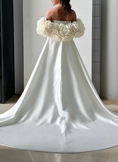 Dreamy A-Line Cowl Neck Chapel Train Satin Wedding Dresses With Flower(s)