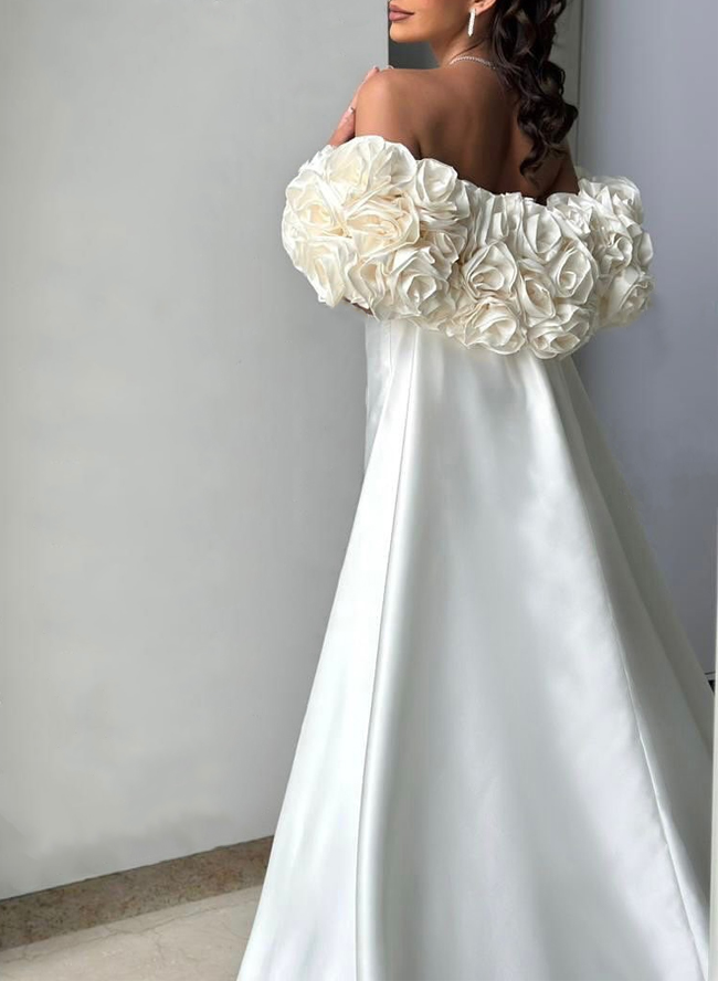 Dreamy A-Line Cowl Neck Chapel Train Satin Wedding Dresses With Flower(s)