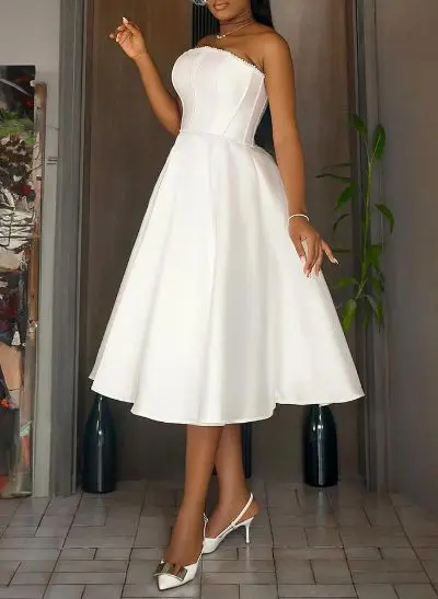 Classic A-Line Little White Dress Satin Wedding Dresses With Beading