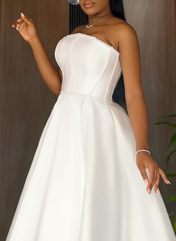 Classic A-Line Little White Dress Tea-Length Satin Wedding Dresses With Beading