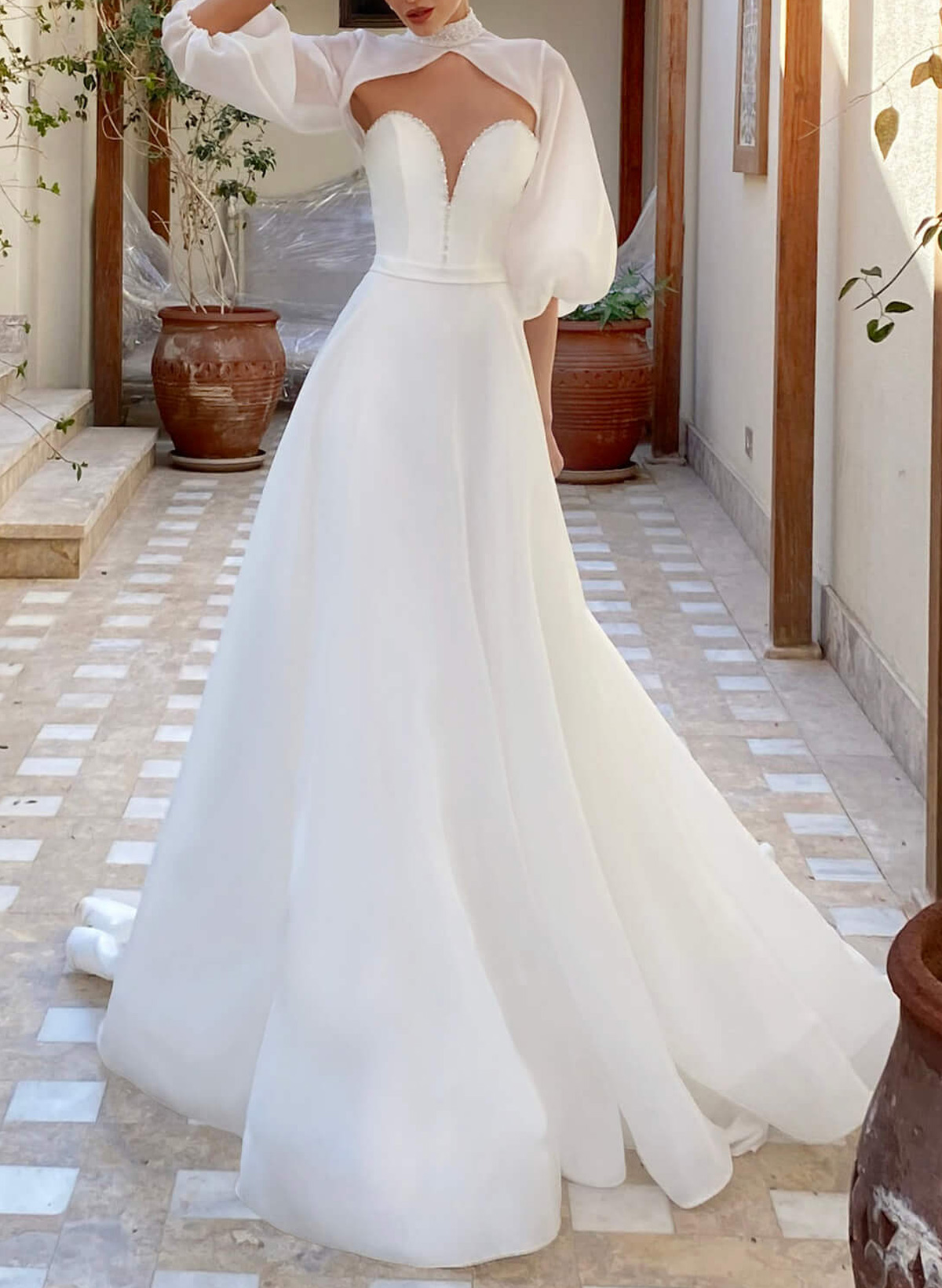 Dreamy A-Line High Neck Lantern Sleeves Satin/Tulle Wedding Dresses With Beading