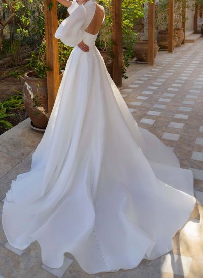 Dreamy A-Line High Neck Lantern Sleeves Satin/Tulle Wedding Dresses With Beading