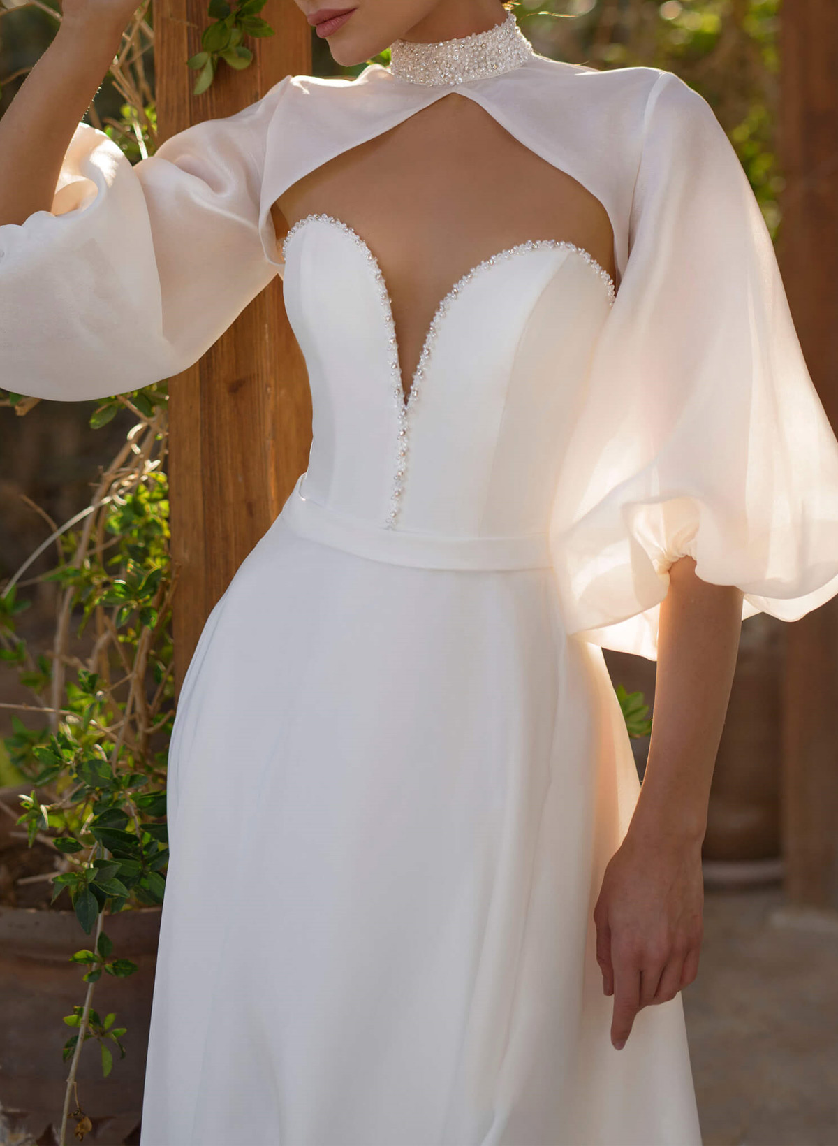 Dreamy A-Line High Neck Lantern Sleeves Satin/Tulle Wedding Dresses With Beading