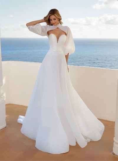 Dreamy A-Line High Neck Lantern Sleeves Satin/Tulle Wedding Dresses With Beading