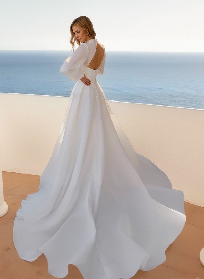 Dreamy A-Line High Neck Lantern Sleeves Satin/Tulle Wedding Dresses With Beading