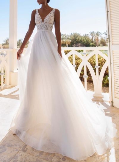 Dreamy A-Line V-Neck Sweep Train Lace/Tulle Wedding Dresses