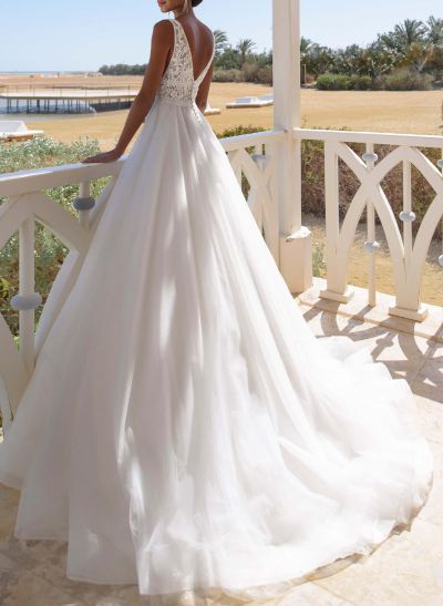 Dreamy A-Line V-Neck Sweep Train Lace/Tulle Wedding Dresses