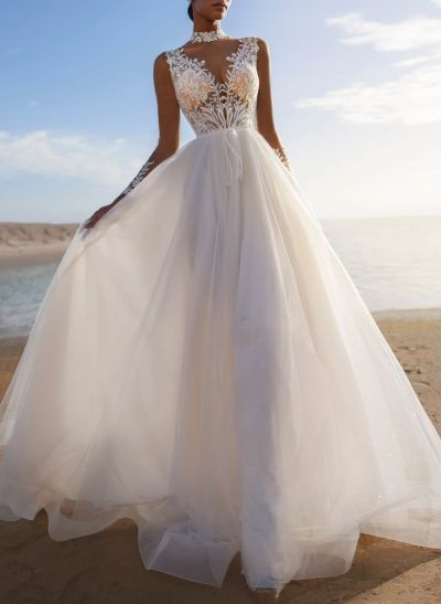 Dreamy A-Line Illusion Neck Long Sleeves Tulle Wedding Dresses With Lace