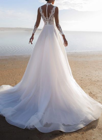 Dreamy A-Line Illusion Neck Long Sleeves Tulle Wedding Dresses With Lace