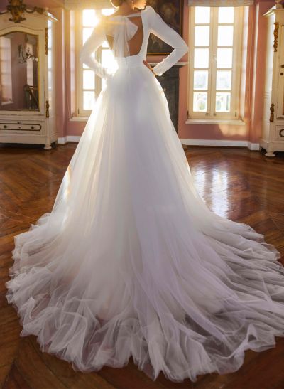 Dreamy V-Neck Long Sleeves Detachable Train Satin/Tulle Wedding Dresses With Bow(s)