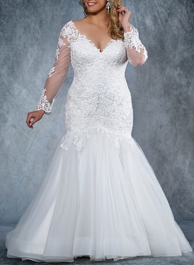 Unique Trumpet/Mermaid V-Neck Long Sleeves Sweep Train Lace/Tulle Wedding Dresses