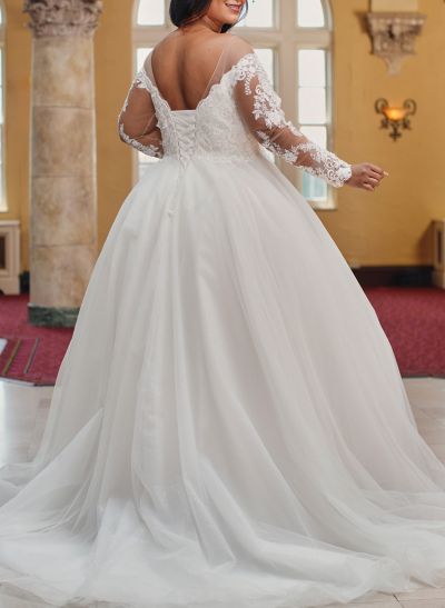 Classy Ball-Gown Illusion Neck Long Sleeves Lace/Tulle Wedding Dresses