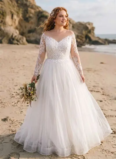 Classy Ball-Gown Illusion Neck Long Sleeves Lace/Tulle Wedding Dresses