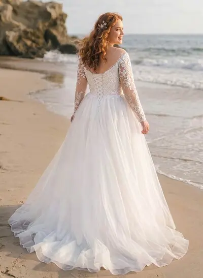 Classy Ball-Gown Illusion Neck Long Sleeves Lace/Tulle Wedding Dresses
