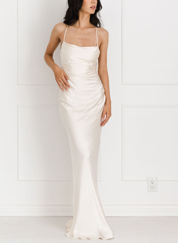 Minimalistic Square Neckline Spaghetti Straps Silk Like Satin Wedding Dresses