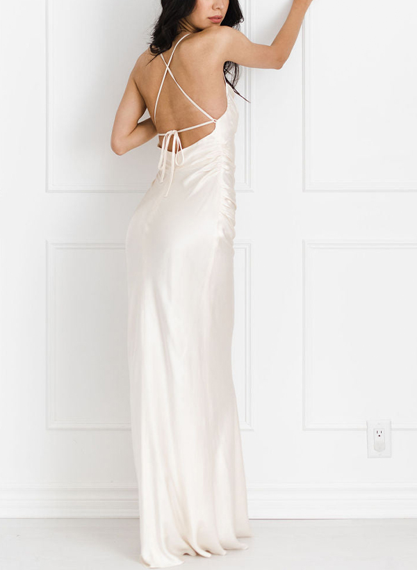 Minimalistic Square Neckline Spaghetti Straps Silk Like Satin Wedding Dresses