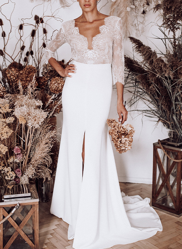 Free-Spirited Plunge Neck Lace Wedding Dresses With Split Front