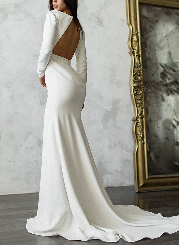 Unique Scoop Neck Long Sleeves Bare Back Wedding Dresses With High Split