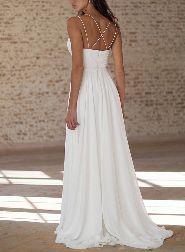 Free-Spirited A-Line V-Neck Spaghetti Straps Chiffon Wedding Dresses