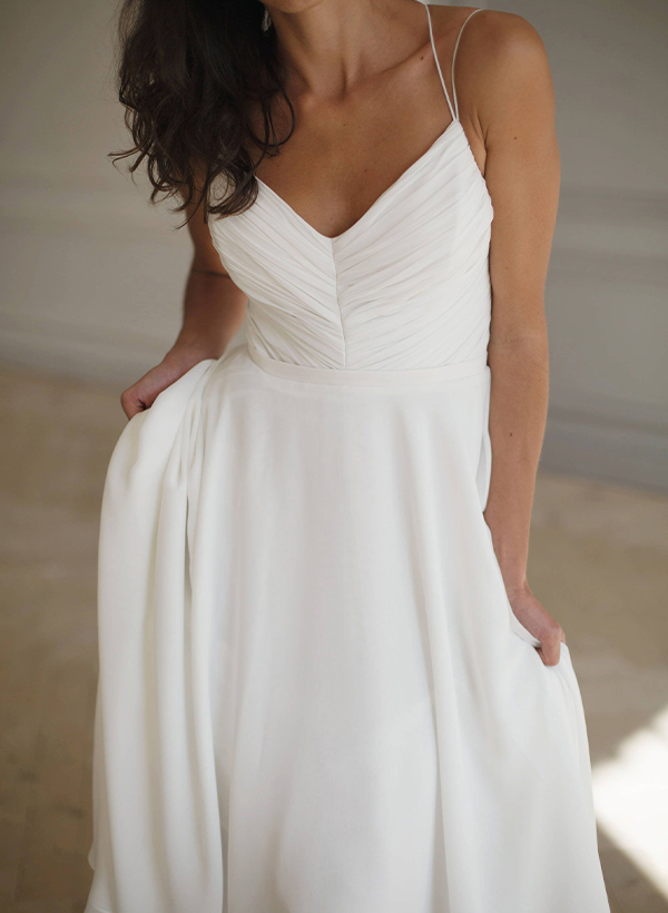 Free-Spirited A-Line V-Neck Spaghetti Straps Chiffon Wedding Dresses