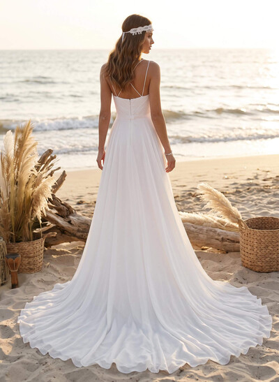 Free-Spirited A-Line V-Neck Spaghetti Straps Chiffon Wedding Dresses